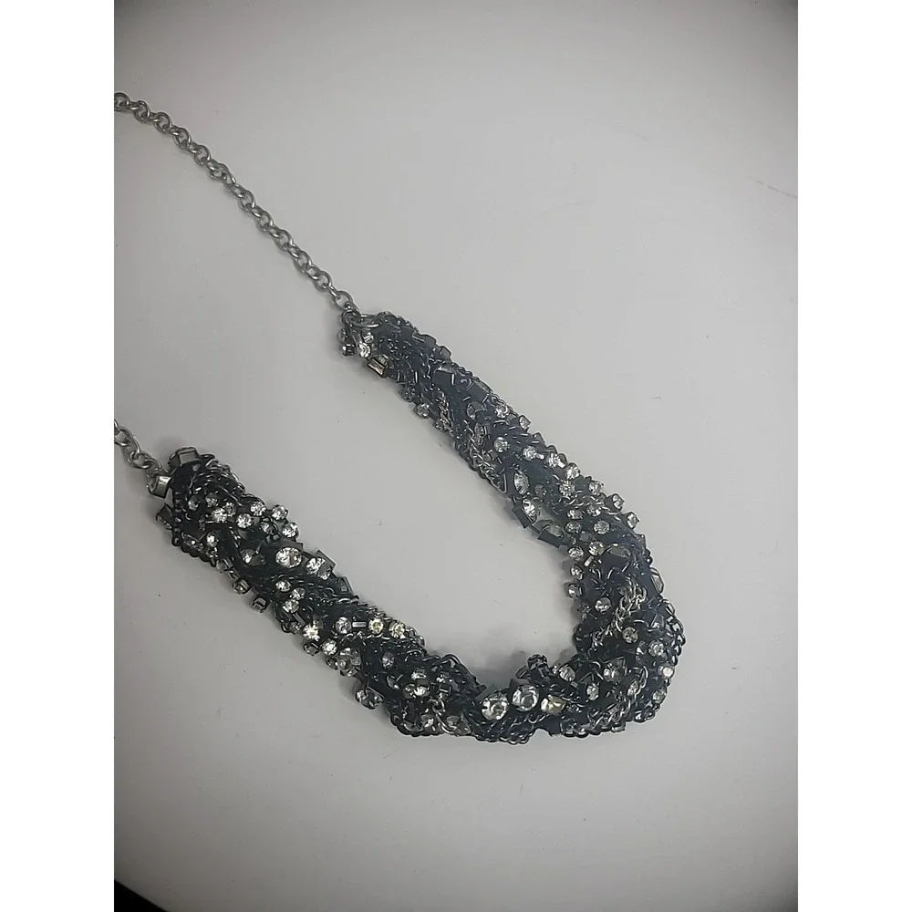 Vintage Silver Black Chain Crystals White Twisted Statement Jewelry Costume